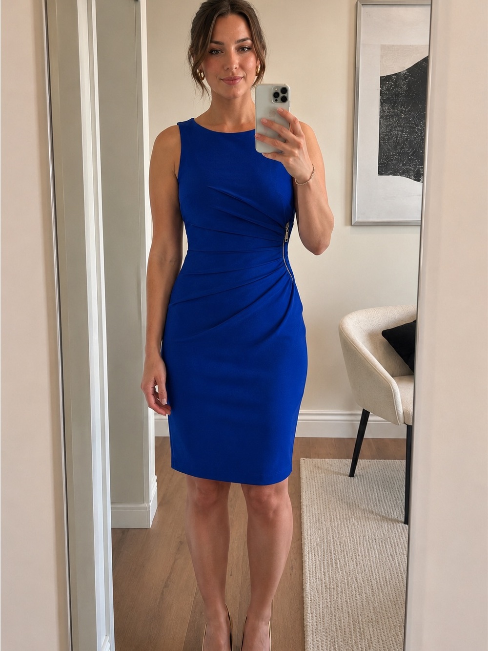 Ivanka Trump Women’s Size 6 Cobalt Blue Ruched Sheath Dress Gold Zip